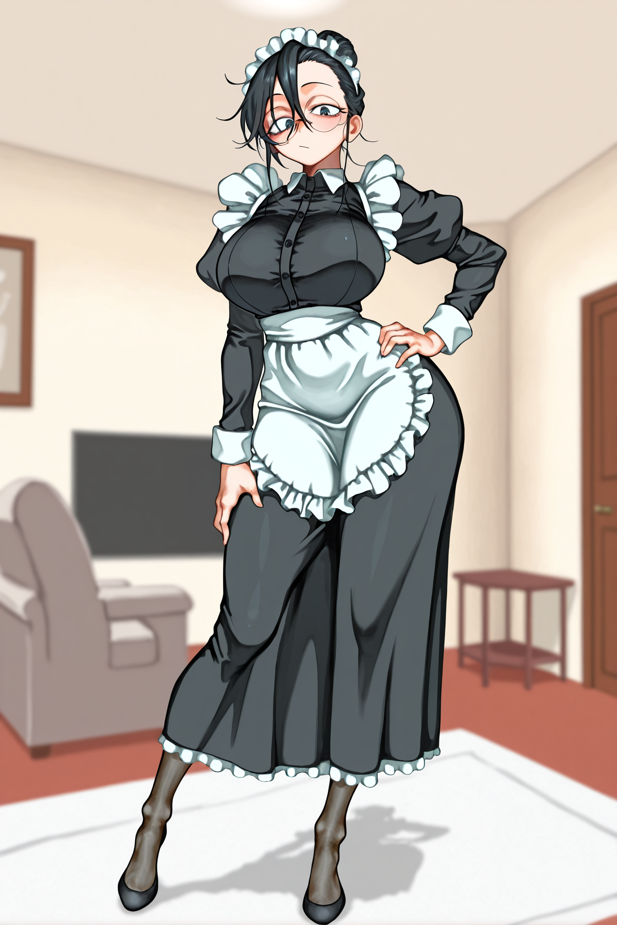 masterpiece, best quality, amazing quality, karaiwa, 

1girl, solo, full body, 

black hair, single hair bun, long hair, messy hair, 

maid, traditional maid, maid headdress, maid apron, glasses, round eyewear, 

contrapposto, hand on hip, looking down, looking at viewer, :/, 

indoors, living room, blurry background, 