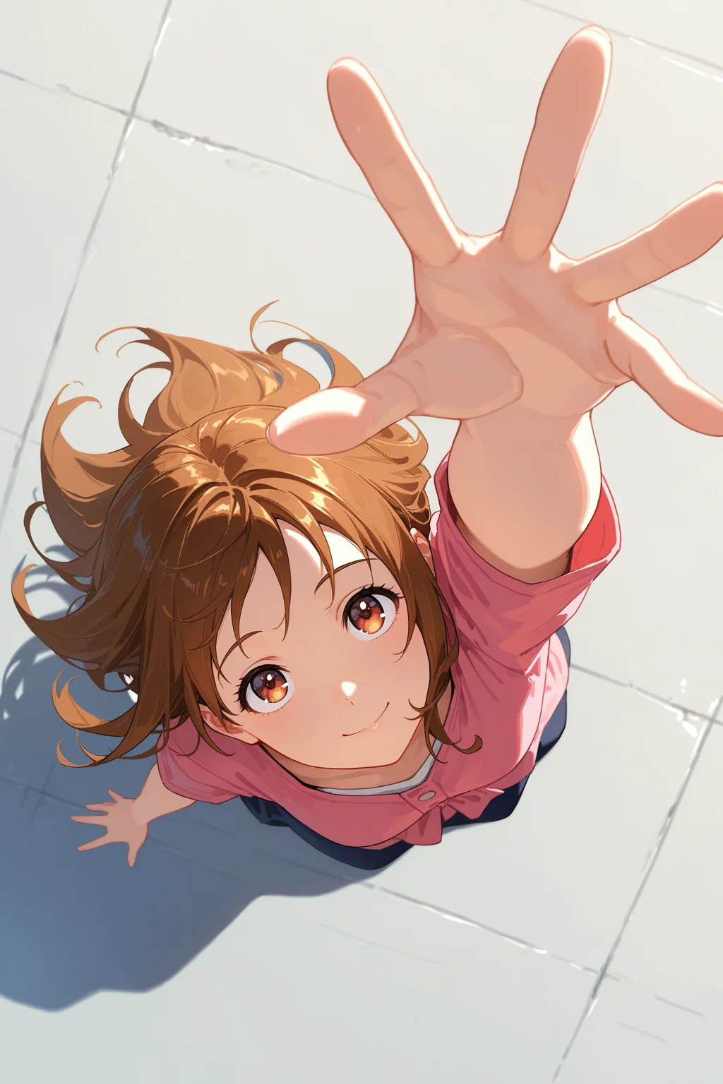 masterpiece, best quality, absurdres, safe
1girl, from above, perspective, floating hair, looking up, smile, looking at viewer, outstretched arm, reaching out, on ground
<lora:from_above_il_4_v1_d16_final:1>