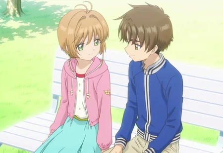 masterpiece, absurdres, highres, (anime screencap:2, anime coloring:2), official art, accurate art style, very aesthetic, flat colors, official screencap, style parody, proper proportions, CCS_Character-Pack, CCS_Clear Card, BREAK, 1girl, sakura kinomoto, brown hair, short hair, bangs, antenna hair, hair intakes, green eyes, sitting, pink sweatshirt, blue skirt, warm smile. other with male, BREAK, 1boy, syaoran li, brown hair, short hair, bangs, thick eyebrows, yellowish brown eyes, blue sweatshirt, brown pants, warm smile, BREAK, hetero, couple, BREAK, detailed background, outdoors, park, trees, mid-afternoon, BREAK, cowboy shot, BREAK, vibrant colors, bloom, vignette, cinematic lighting, 75% soft lighting, 25% dark lighting