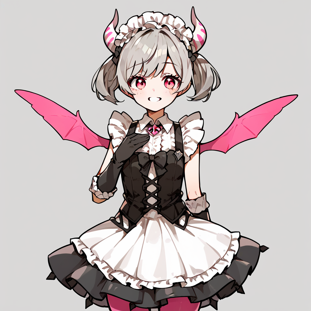 score_9, score_8_up, score_7_up,
simple background, smile,
1girl, solo, ariane, grey hair, short twintails, pink eyes, maid headdress, horns, mini wings, pantyhose, gloves,
<lora:ariane_pony_v1:0.6>