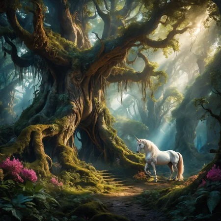 A vivid fantasy landscape depicting an ancient enchanted forest. The scene features towering ancient trees with twisted roots and thick canopies that barely let any sunlight through. Amidst the dense foliage, (mythical creatures like unicorns and griffins roam freely:1.9). Hidden within the forest are mystical glowing flowers and a small, creating a mysterious and magical atmosphere. Photorealistic, Cinematic, Bokeh. High detailed cinematic photo, breathtaking,
<lora:add-detail-xl:1> <lora:MJ52:0.2>