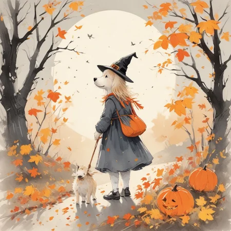 On a crisp Halloween evening, a young girl in a witch costume walks down a leaf-strewn path with her loyal golden retriever, who is wearing a small pumpkin costume. They’re surrounded by jack-o'-lanterns glowing with warm, orange light, and the full moon casts a magical glow over the scene. The girl holds a trick-or-treat bag while the dog looks up at her, their shadows dancing in the moonlight, creating a whimsical and slightly spooky atmosphere.