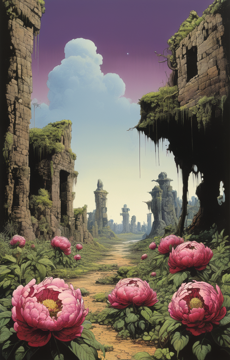 masterpiece,best quality,<lora:tbh235-sdxl:0.5>,illustration,style of Richard Corben, decaying peonies