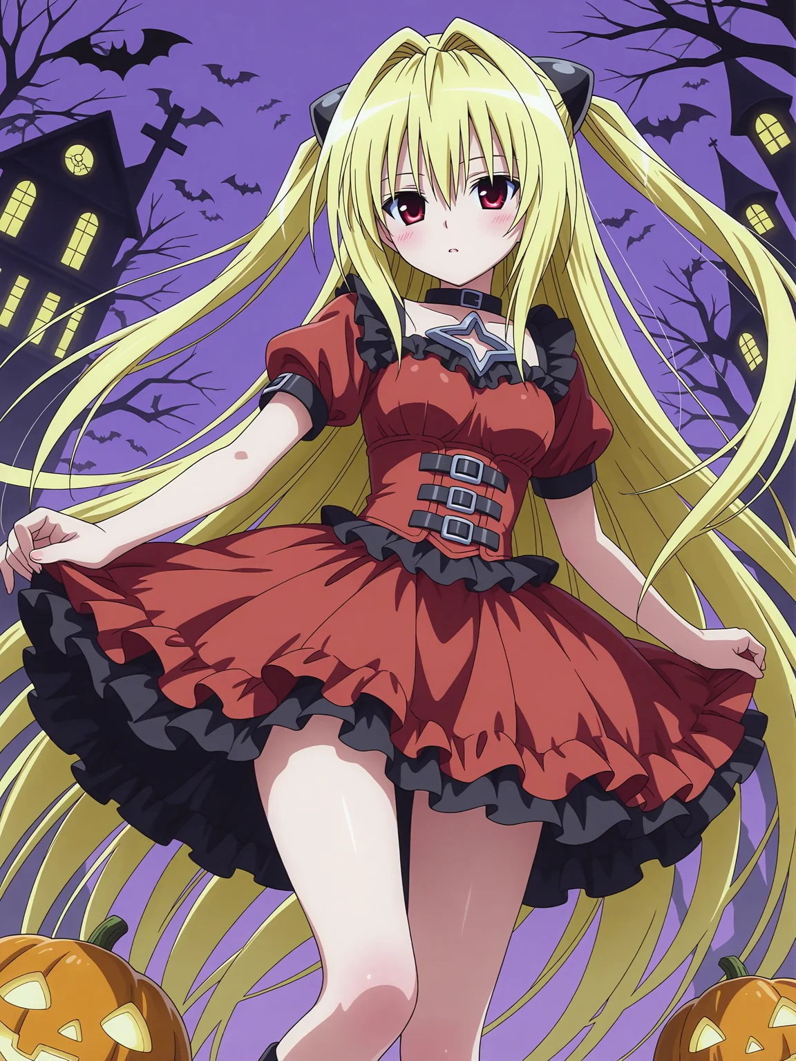 <lora:Konjiki no Yami_1:0.9>,yami,red dress,halloween costume,legs,frilled dress,
