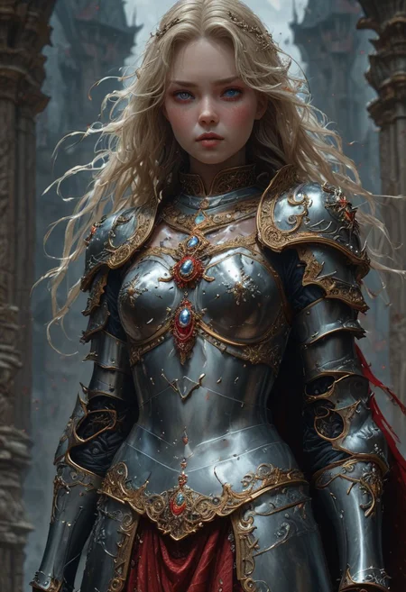 High resolution ultra-realistic of beautiful Warrior Princess, A Warrior Princess clad in a iron armor, red mini skirt, standing among the soldiers in the courtyard of a gloomy castle, head and shoulders portrait, wavy blonde hair, realistic blue eyes, perfect athletic figure, handsome vampire pale bloody face, beautiful perfect detailed pupils, wet oily shiny skin, beautiful firm Breasts, defiant and seductive, 8k resolution concept art portrait by Greg Rutkowski, Dark Ages, Artgerm, WLOP, Alphonse Mucha dynamic lighting hyperdetailed intricately detailed Splash art trending on Artstation triadic colors Unreal Engine, 5 volumetric lighting, Cinematic Lighting, intricate, smooth, sharp focus digital painting, Asymmetrical Balance, hyperdetailed painting, dynamic lighting