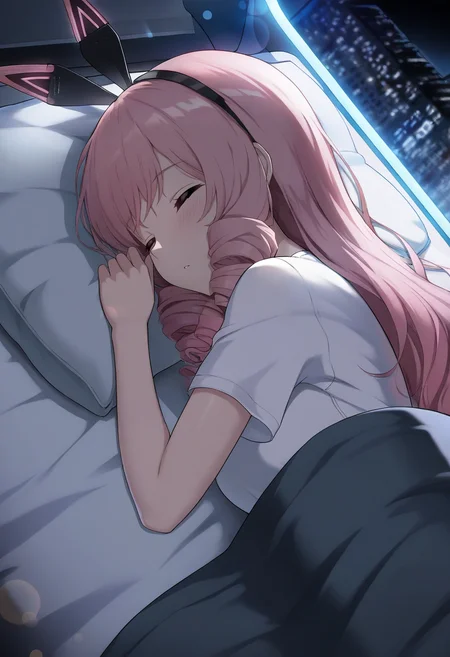 upper body, pink hair, drill sidelocks, long hair, blush,
fake animal ears,
t-shirt, white shirt,
bed, blanket, sleeping, on side, pillow,
volumetric lighting,
city, night, bokeh, in focus, dark, science fiction,
subsurface scattering,
masterpiece, best quality,
<lora:aylakaleidoNOOB10:1>