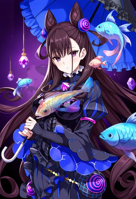 (masterpiece, best quality, high quality, good quality),1girl,murasaki shikibu \(first ascension\) \(fate\),purple gemstone,gem,purple theme,fish,umbrella,crystal,transparent fish, ghost fish,
<lora:Amethystize_lora_xl_webui:0.1>,made of sparkling amethyst crystals,