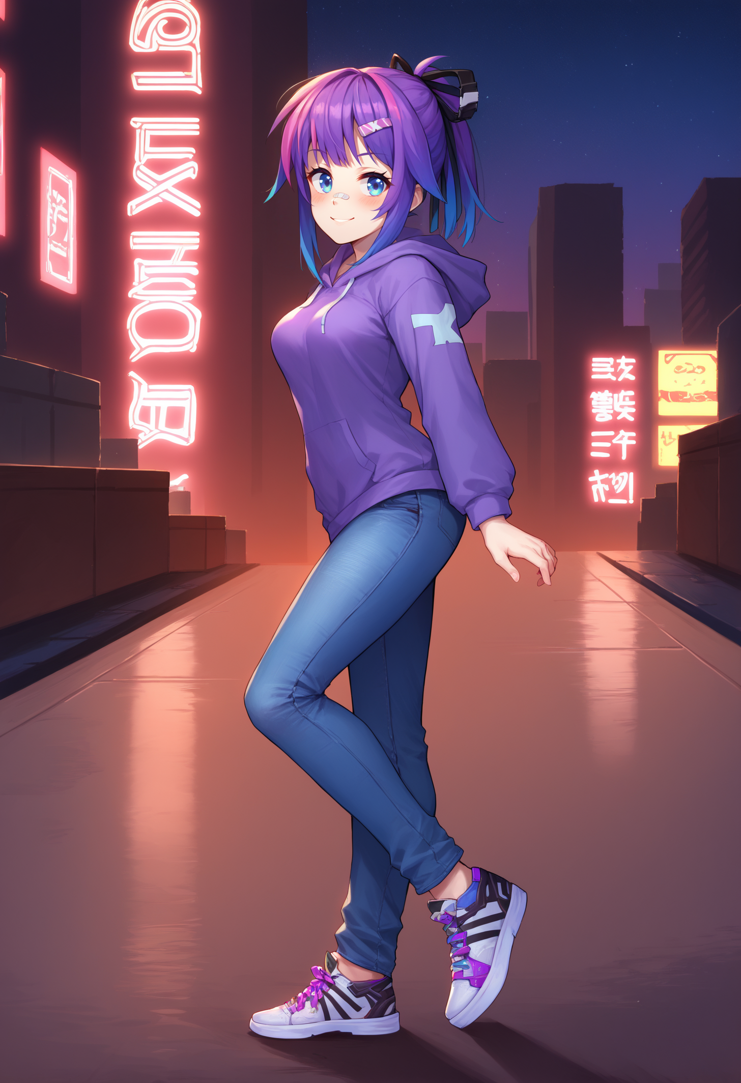 score_9, score_8_up, score_7_up, BREAK 1girl, solo, ProjektMelodyOriginal, bandaid on nose, medium breasts, <lora:ProjektMelodyOriginalPDXL_V1-Manityro-CAME:1.0>, outdoors, full body, cyberpunk city, dark, night, starry sky, purple theme, side view, straight on,
looking at viewer, smile, blush, toned, walking,
short hair, ponytail, hair ribbon, hairclip, purple hoodie, jeans
