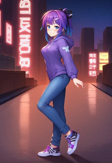 score_9, score_8_up, score_7_up, BREAK 1girl, solo, ProjektMelodyOriginal, bandaid on nose, medium breasts, <lora:ProjektMelodyOriginalPDXL_V1-Manityro-CAME:1.0>, outdoors, full body, cyberpunk city, dark, night, starry sky, purple theme, side view, straight on,
looking at viewer, smile, blush, toned, walking,
short hair, ponytail, hair ribbon, hairclip, purple hoodie, jeans
