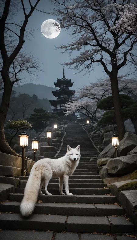 photo of a stone-paved and stone stairs approach leading to main shrine, (a white fox with fine tail), epic composition, cinematic lighting, beautiful full moon night sky, cherry trees, 17th century Japan, (stone lanterns set on ground), (gently curved passage), fantastic fog, pale fire, (best quality), photorealistic, highly detailed, high resolution RAW photo <lora:offset_0.2:0.8> <lora:add-detail-xl:0.4>