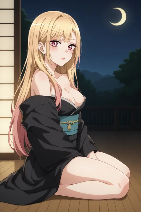 score_9, score_8_up, score_7_up, source_anime, 1girl, prefect lighting, very aesthetic, intricate details, highly detailed background, masterpiece, high quality, prefect hands, best quality, solo,
<lora:Marin_Dress_up_Darling_V1:.85>, KJOmarin, blonde hair, long hair, pink eyes, earrings, ear piercing, 
black kimono, obi, off shoulder, nipple slip,
From side, wariza, kneeling, hand between legs, looking at viewer,
Night, east asian architecture, wooden floor,
(Beautiful, medium Breasts:1.2), natural breasts,