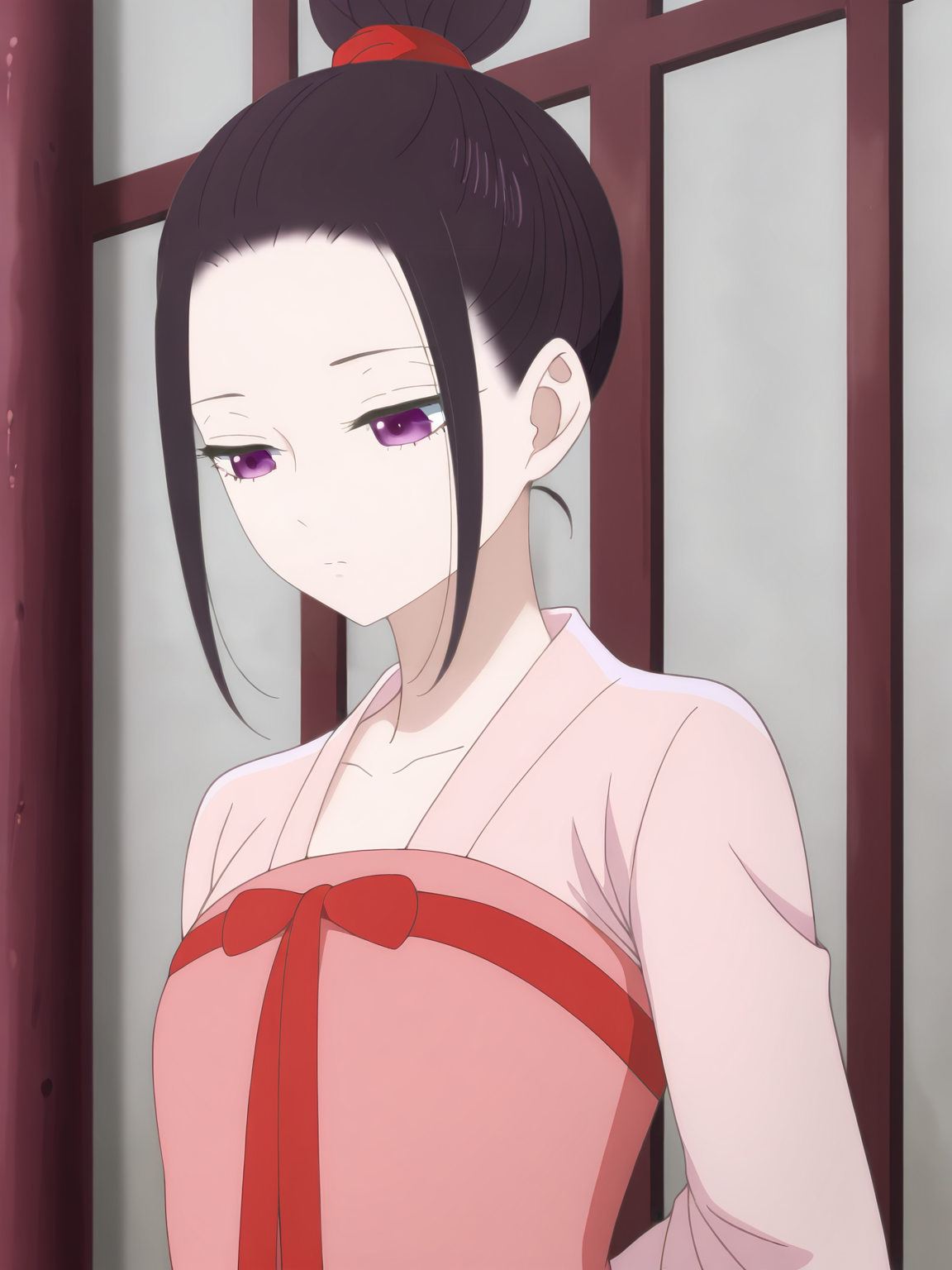 <lora:Ryuu_Jusetsu_v6:0.8>, ryuu jusetsu, 1girl, solo, purple eyes, single hair bun, red scrunchie, sidelocks, black hair, pink hanfu, red chest bow, long sleeves, pensive, closed mouth, half-closed eyes, standing, arms behind back, looking down, upper body, indoors, wall, east asian architecture