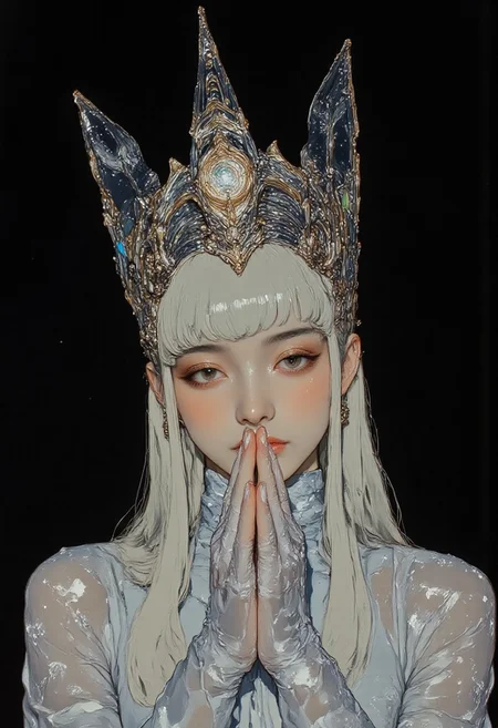 High quality, highly detailed, hyper realistic, 8K, masterpiece, Leica M11, 50mm f/1.2 lens, cinematic lighting, natural bokeh, pingtu style, illustration-fen, niji, gothic, erotic, anime — photograph, artistic fashion portrait. A pale-skinned woman with nearly translucent complexion and long, straight platinum blonde hair with blunt bangs poses with eyes closed and a serene expression. Her interlaced fingers gently cover her mouth and nose. She wears a sheer, shimmering lace or tulle dress with delicate sparkle. An elaborate metallic headdress crowns her head, composed of intricate silver and gold patterns, stars, and fine feathers. Captured in a centered, eye-level close-up, the scene is set against a solid black background, intensifying the contrast with her luminous appearance. Lighting blends warm and cool tones with a spectral focus on green and blue highlights, crafting an ethereal glow across her face and accessories. The entire composition is text-free, emphasizing elegance, fantasy, and visual purity in a dramatic, dreamlike mood.