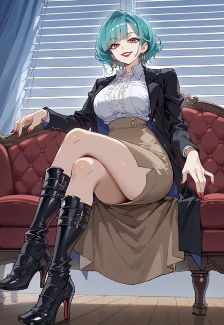 safe_pos, score_9, score_8_up, score_7_up,source_anime, high res image,masterpiece,best quality, simple background, rating safe
sagawa
1girl, solo, source_vanillaware, turquoise hair, pale skin, red lips, black greaves, smug, subtle smirk,
red nail polish
mature,
earrings, black jacket, formal, suit, collared shirt, white shirt, brown skirt, looking at viewer, sitting, crossed legs, black high heels, seductive smile, from below,
BREAK blue sky, sunlight, indoors, window, window blinds, couch,
glittery lips, large lips, thick lips, full lips