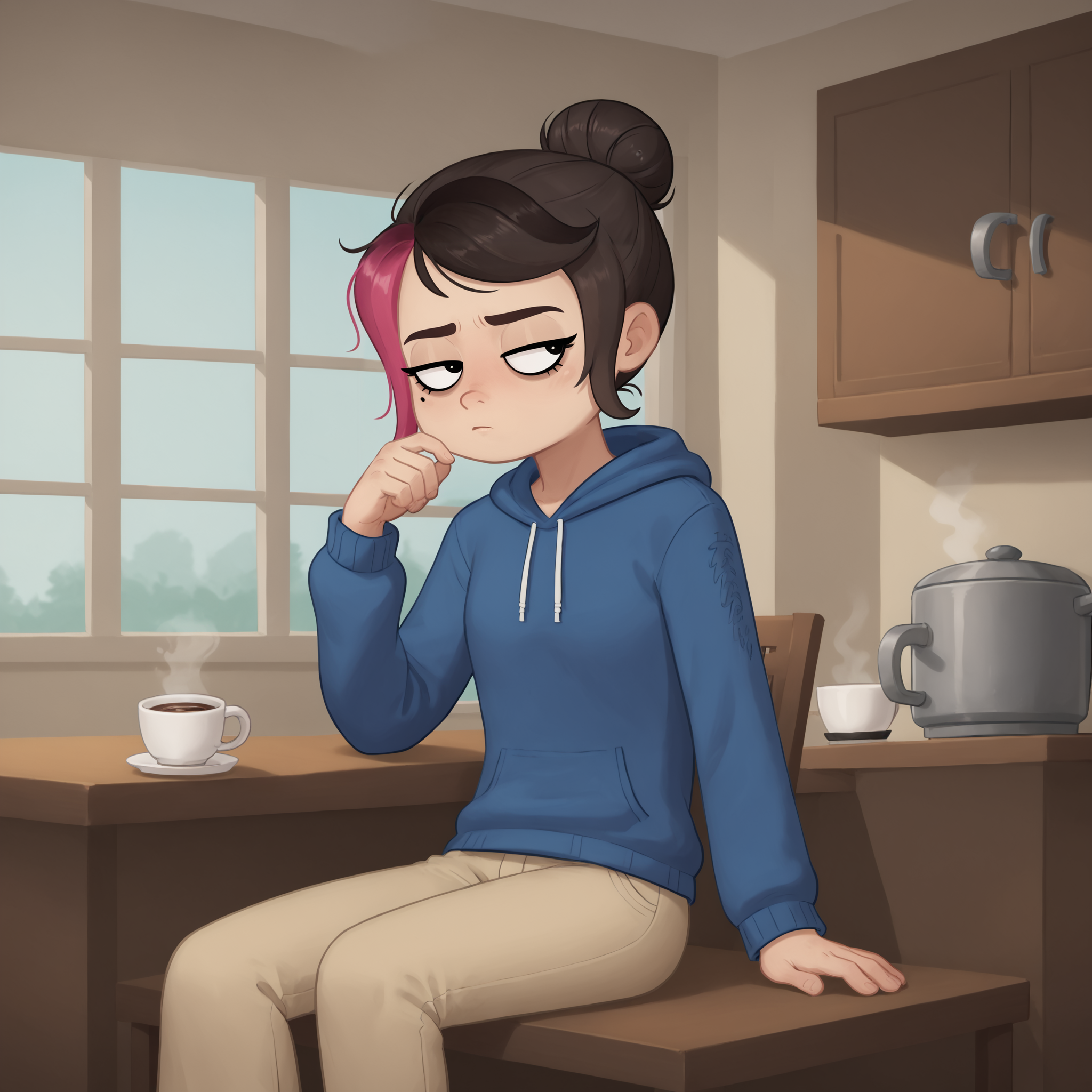 score 8 up,score 7 up,<lora:shezow_v2:0.7> shezow,blue hoodie,sleepy,hair bun, two-tone hair,tired,kitchen,sitting,table,coffee,window, solo,beige pants,indoor, cowboy shot,mole under eye,
