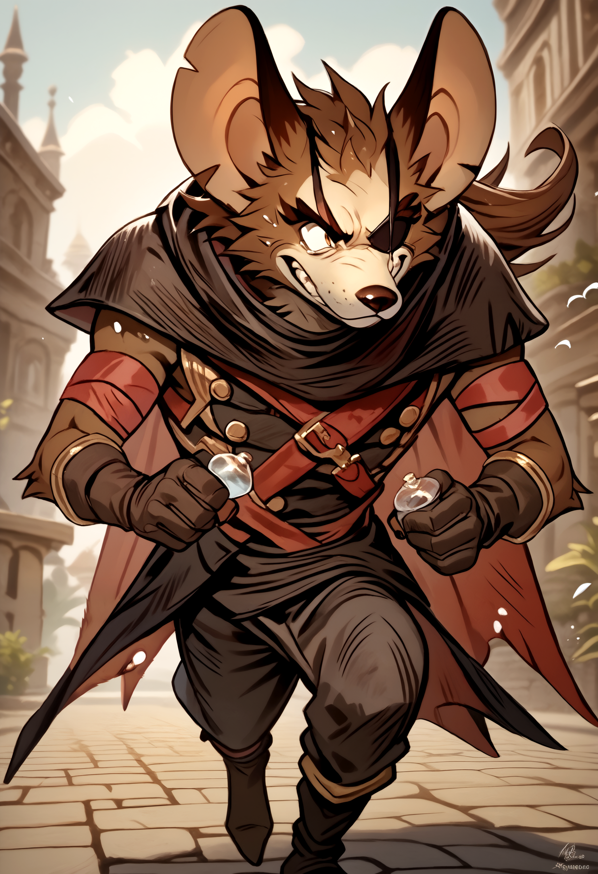 score_9, score_8_up, score_7_up,8k, detailed design, detailed background, detailed characters, masterpiece, anthro only, furry only, 1boy, solo,  <lora:VurkAFK_Arena-000001>, vurk, rat boy, furry male, brown fur, eyepatch, gold tooth, cape, armband, gloves, running, scared,  outside,