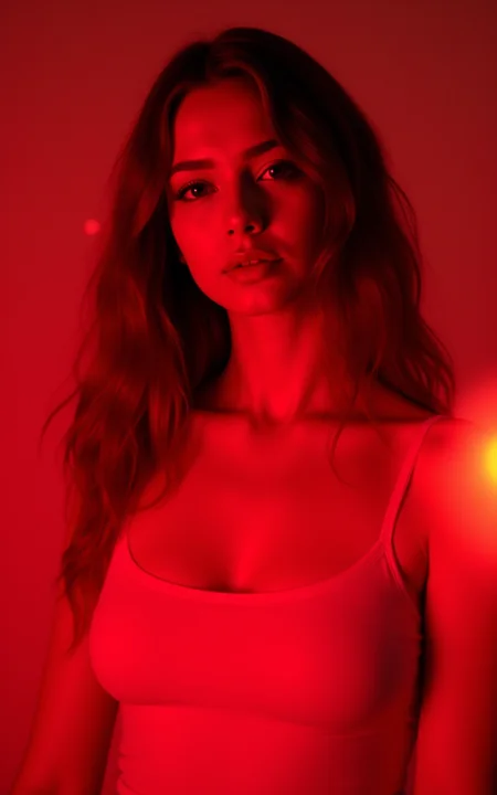 (best quality, 4K, 8K, high-resolution, masterpiece), ultra-detailed, photorealistic, young stunning woman, ethereal glow, red hues, soft lighting, melting effect, surreal atmosphere