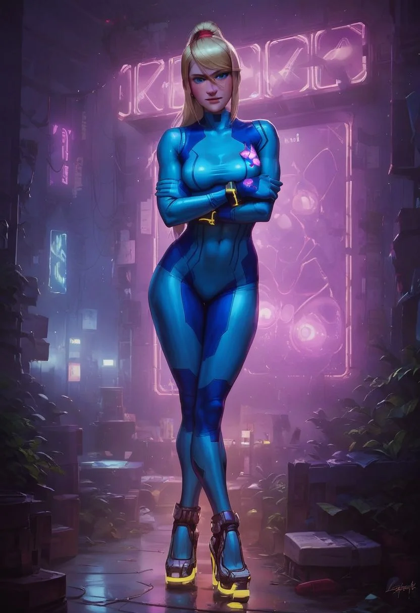 score_9, score_8_up, score_7_up, defSamus, standing, blonde hair, bodysuit, blue clothes, blue pants, high heels, blonde hair, blue eyes, posing, (dynamic sexy pose:1.2), (perfect face), adorable, detailed eyes, (detailed face:1.2), looking at viewer, shy, horny, (arrogant face:0.8), teasing, subtle smile, flirting, seductive, perfectly round breast, unique perspective, dramatic lighting, erotic aesthetics, cute girl, face focus, medium shot, detailed setting, detailed background, futuristic setting, (neon lights:1.4), in futuristic dark room