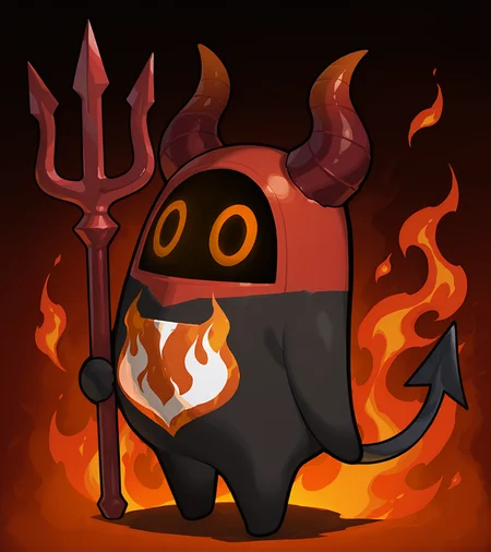 masterpiece, best quality, solo, bangboo, standing, full body, imp bangboo, orange circular round eyes, demon tail, trident, overlord horns, hell fire background, flame print on body, <lora:bangboo-v2-illustrious:1>
