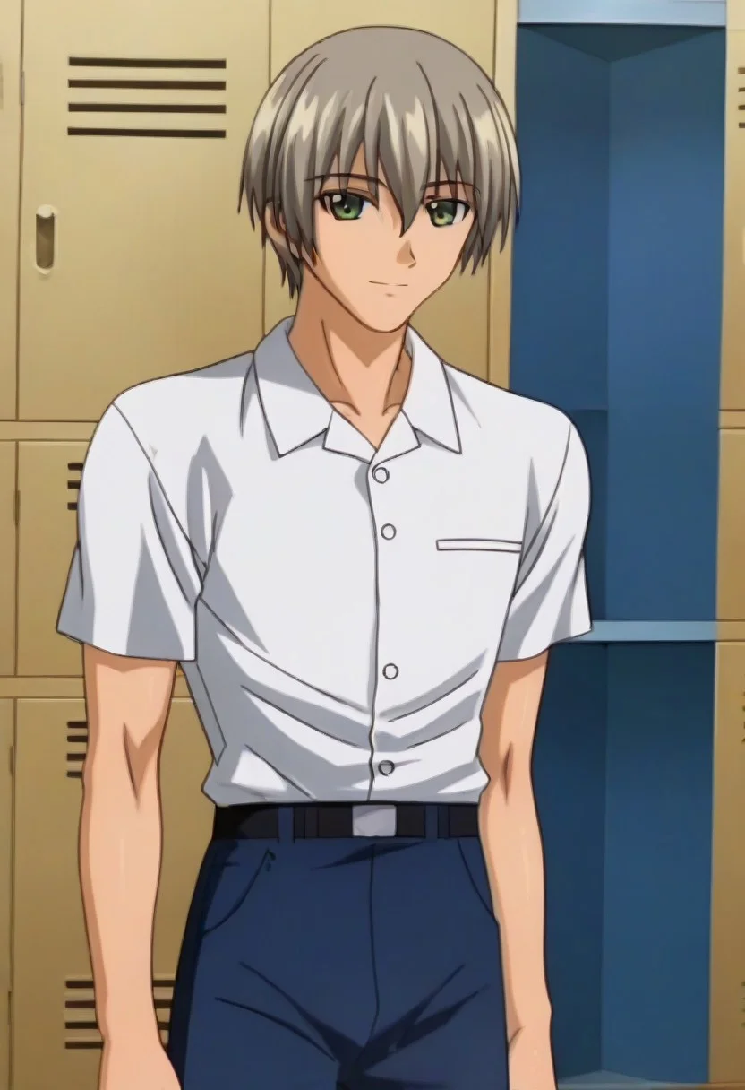 ((masterpiece)), ((best quality)), ((ultra-detailed)), ((absurdres)), score_9_up, score_8_up, score_7_up,
HD, top quality, best quality, amazing quality, High-quality illustrations, anime screencap, source_anime, best aesthetic, perfect proportions, perfect eyes, 1boy, 1male, solo boy, solo male, male focus, solo male focus, Anime, boy, male anime character, anime boy, handsome, sexy, cute, charming, ((tall body, tall height, tall)), ((slender body, slim body)), ((short shoulders, small shoulders)), ((looking at front, looking at viewer)), ((front shot, front view, view from front)), Hajime Saisho, gray-brown hair, dark green eyes, white polo shirt, short sleeves, tucked in shirt, belt, blue pants, updn, easynegative, Expressiveh, neghands, ((cowboy shot, head to hips shot)), ((locker room))