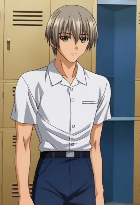 ((masterpiece)), ((best quality)), ((ultra-detailed)), ((absurdres)), score_9_up, score_8_up, score_7_up,
HD, top quality, best quality, amazing quality, High-quality illustrations, anime screencap, source_anime, best aesthetic, perfect proportions, perfect eyes, 1boy, 1male, solo boy, solo male, male focus, solo male focus, Anime, boy, male anime character, anime boy, handsome, sexy, cute, charming, ((tall body, tall height, tall)), ((slender body, slim body)), ((short shoulders, small shoulders)), ((looking at front, looking at viewer)), ((front shot, front view, view from front)), Hajime Saisho, gray-brown hair, dark green eyes, white polo shirt, short sleeves, tucked in shirt, belt, blue pants, updn, easynegative, Expressiveh, neghands, ((cowboy shot, head to hips shot)), ((locker room))