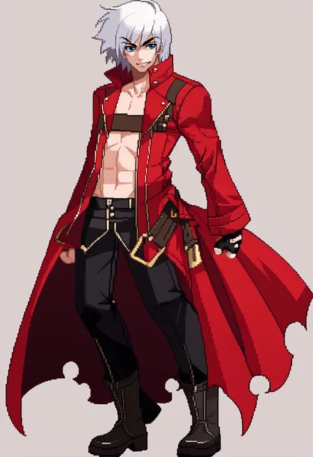 score_9, score_8_up, score_7_up, source_anime, BREAK, solo, 1boy, looking at viewer, <lora:Under-Night-In-Birth-Sprites-pdxl_Fp:1>, simple background, full body, standing, <lora:dmc3_dante_ponyXL:1>, dmc3dante, red coat, bandeau, fingerless gloves, black pants, boots, standing, white hair, blue eyes,