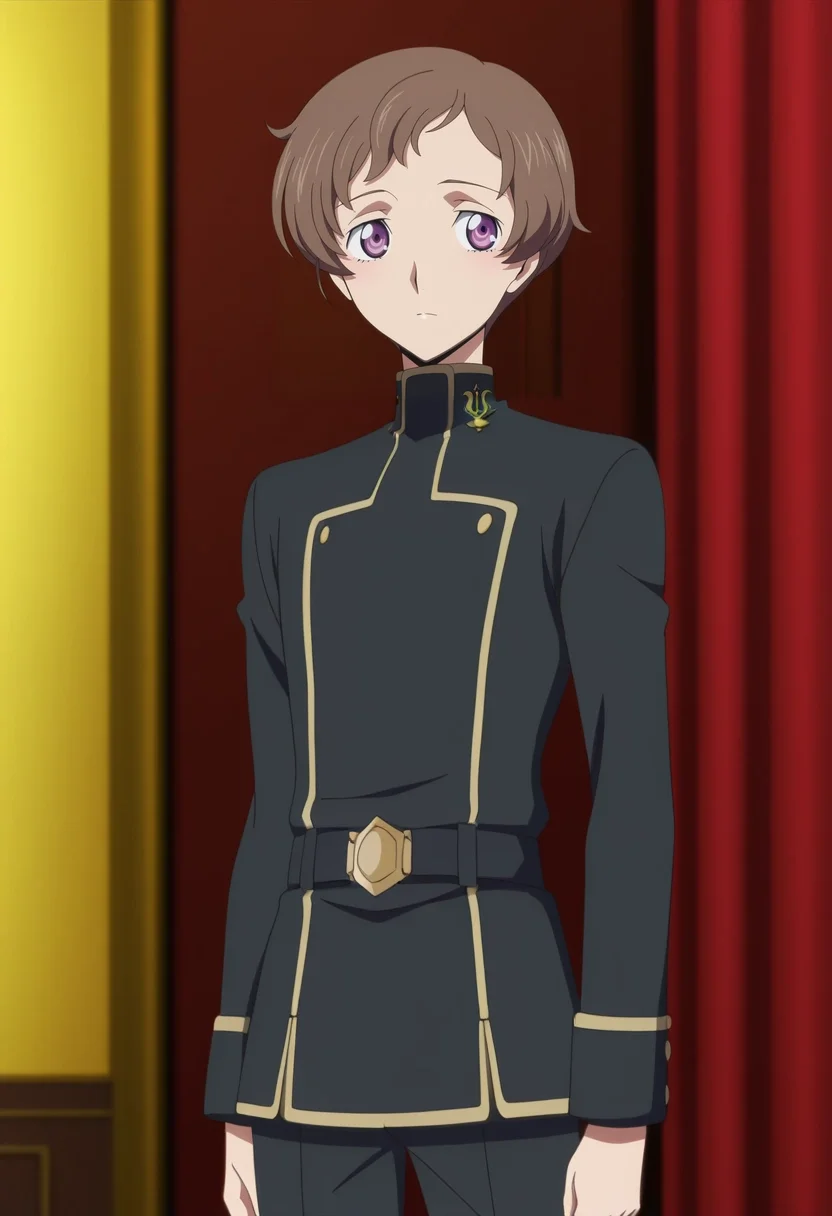 masterpiece, best quality, anime screencap, official style, anime coloring, cowboy shot, 1boy, solo, male focus, <lora:rolo_lamperouge_ilxl:0.94>, rolo_lamperouge, brown hair, purple eyes, short hair, aged up, ashford academy school uniform, , renaissance costume