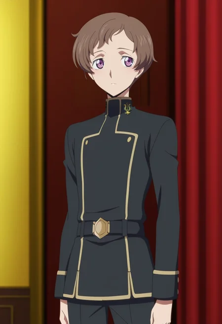 masterpiece, best quality, anime screencap, official style, anime coloring, cowboy shot, 1boy, solo, male focus, <lora:rolo_lamperouge_ilxl:0.94>, rolo_lamperouge, brown hair, purple eyes, short hair, aged up, ashford academy school uniform, , renaissance costume
