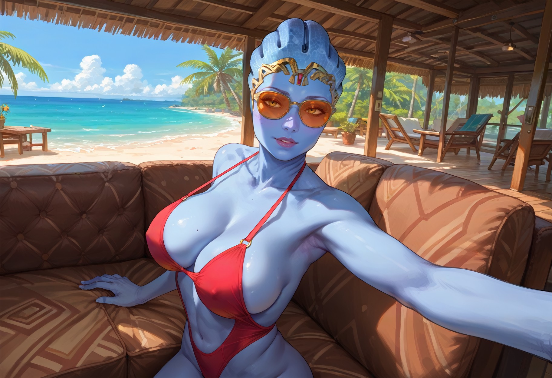 score_9, score_8, score_7, score_6, bungalow, resort, ((1girl, solo)), mature asari, samara1, blue skin, toned body, ((lounging on couch)), ((taking a selfie)), large breasts, wide hips, red swimsuit, golden tiara, sunglasses, patio, wooden floor, indoors, table, scenery, tree, beach, ocean in background, furniture, detailed background, expressiveh, <lora:BeachBungalow-10pony:0.95>  <lora:Expressive_H:1>,  <lora:Pony_DetailV2.0:1> <lora:Samara-Ponyxl:0.7> <lora:cute_sexy_robutts_pony:0.4>