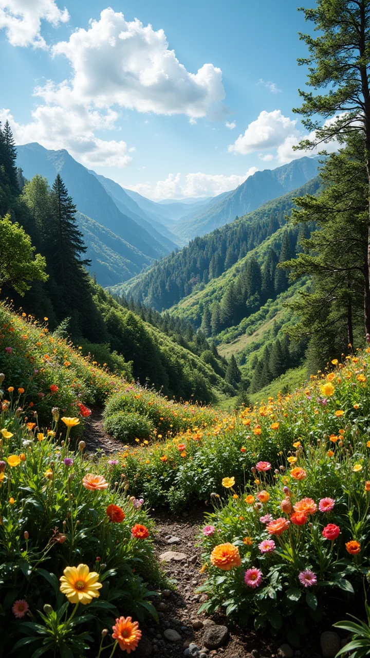 Flowery meadow hill in picturesque scenery