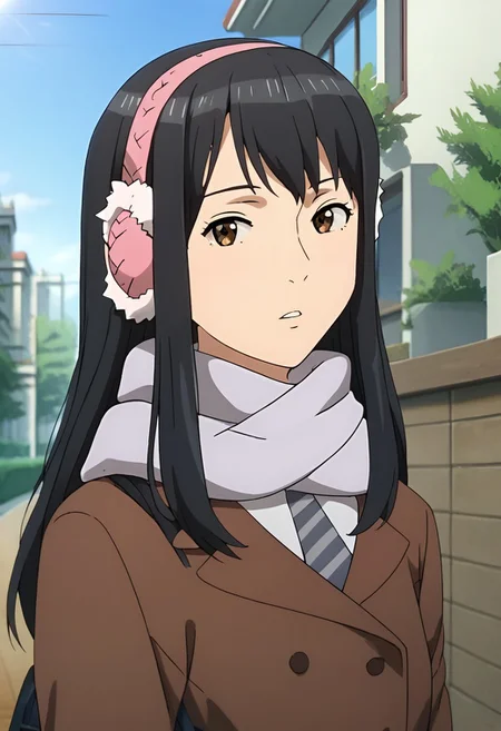 score_9, score_8_up, score_7_up, score_6_up, score_5_up, 1girl, KanaKimishima, black hair, long hair, brown eyes, bangs, pink earmuffs, necktie, grey scarf, brown coat, black skirt, pleated skirt, sexy, female focus, fantasy, expressive, skindentation, skinny, 1female, masterpiece, 32K HD, beautiful attention to detail, detailed eyes, shiny skin, showing lots of skin, wide lens, perfect hands, perfect eyes, ((2d)), anime, source anime, flat shadows, flat colors, looking at viewer, standing, clothed female, uncensored , ((feet out of frame)), outdoors, close up, upper body, cowboy shot