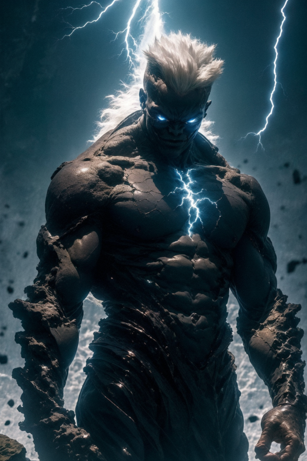black humanoid made of rock, upper body, barechested, male,  ((masterpiece, best quality)),  <lora:more_details:0.3>, cracked skin, white electricity coming through cracks, muscular male, (dragonborn:0.6), white hair, 
outdoors, detailed background <lora:dragonborn_offset:0.6> <lora:r1ge - AnimeRage:1> <lora:Cracked Skin:1.2>