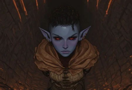safe_pos, solo, short pointy ears, piercings, nord woman, random elf face, aquiline features, dark elf, weathered skin, large nose, animated realism, zoomed out, Syrian features, torso, subterranean, glowing mushrooms, mushroom forest, cave enviroment, Blackreach, large cavern, gloomy lighting, ancient ruins, interior, dark soil floor ,grey-blue skin, scarlet and gold clothes, medium armor, bone plate armor, ivory straps and fittings, grey wood neckguard, dark red sclera, black pupils, distant mushroom forest, blue-green light, neon, highly detailed, defined features, looking at viewer, three quarters view, from above, dynamic lighting, 36 years old, light and shadows, patterned cloth, annoyed expression, expressive eyes, detailed medieval clothes, medium_breasts, medium hair, wavy hair, thick hair, beaded hair, braided hair, under cut hair, semirealistic, alien elf, spanish features, jewish features, black hair, dark red hair, umber skin, sharp features, red persian print cloak, nighttime, high detail, absurdres, pretty eyes, detailed eyes, red eyes,