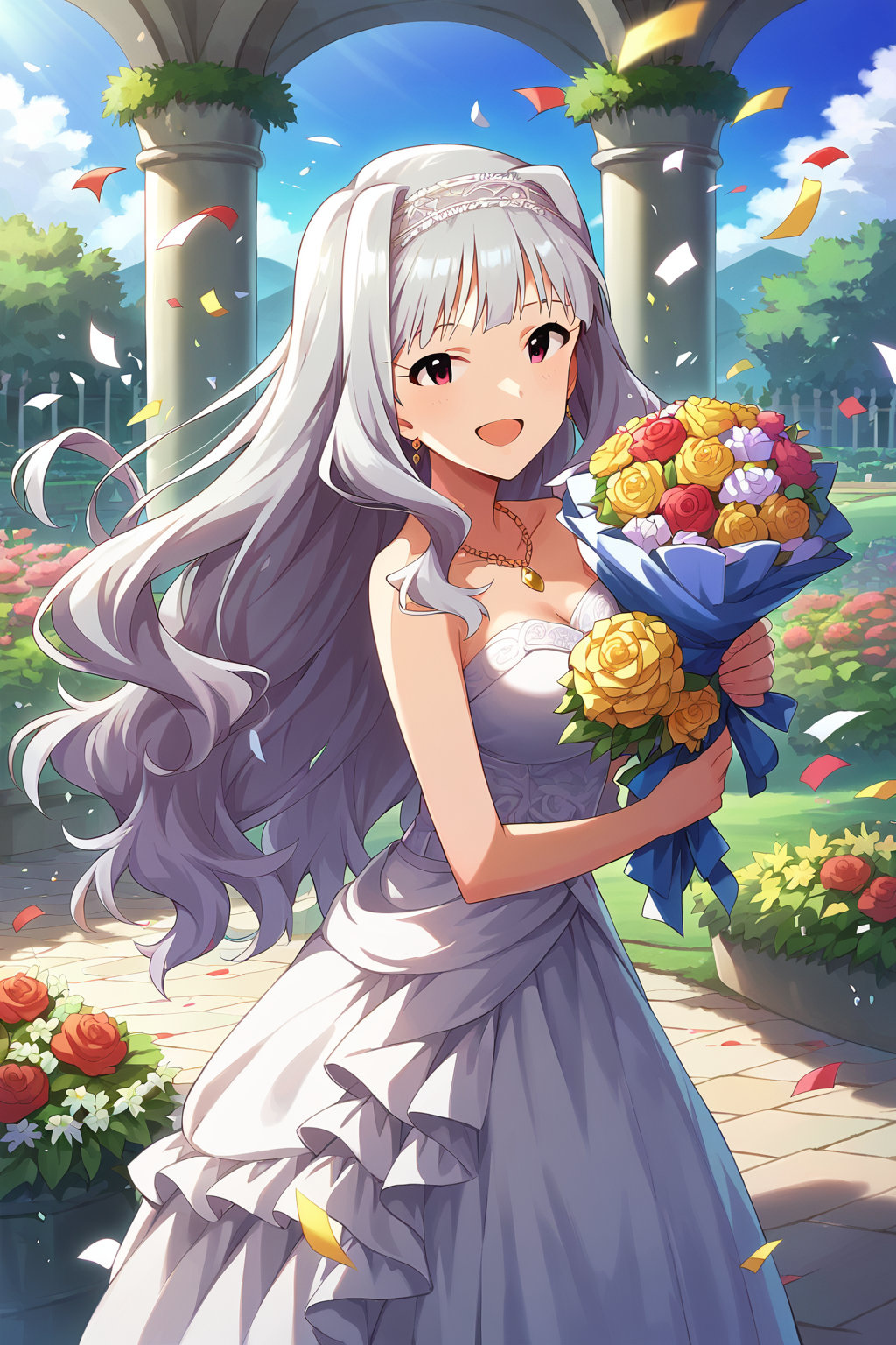 score_9, score_8,  aatakane, solo, long hair, hairband, <lora:shijou_takane_XL_v1:0.8>, wedding dress, strapless, necklace, white dress, garden, standing, cowboy shot, holding bouquet, open mouth, smile, confetti,