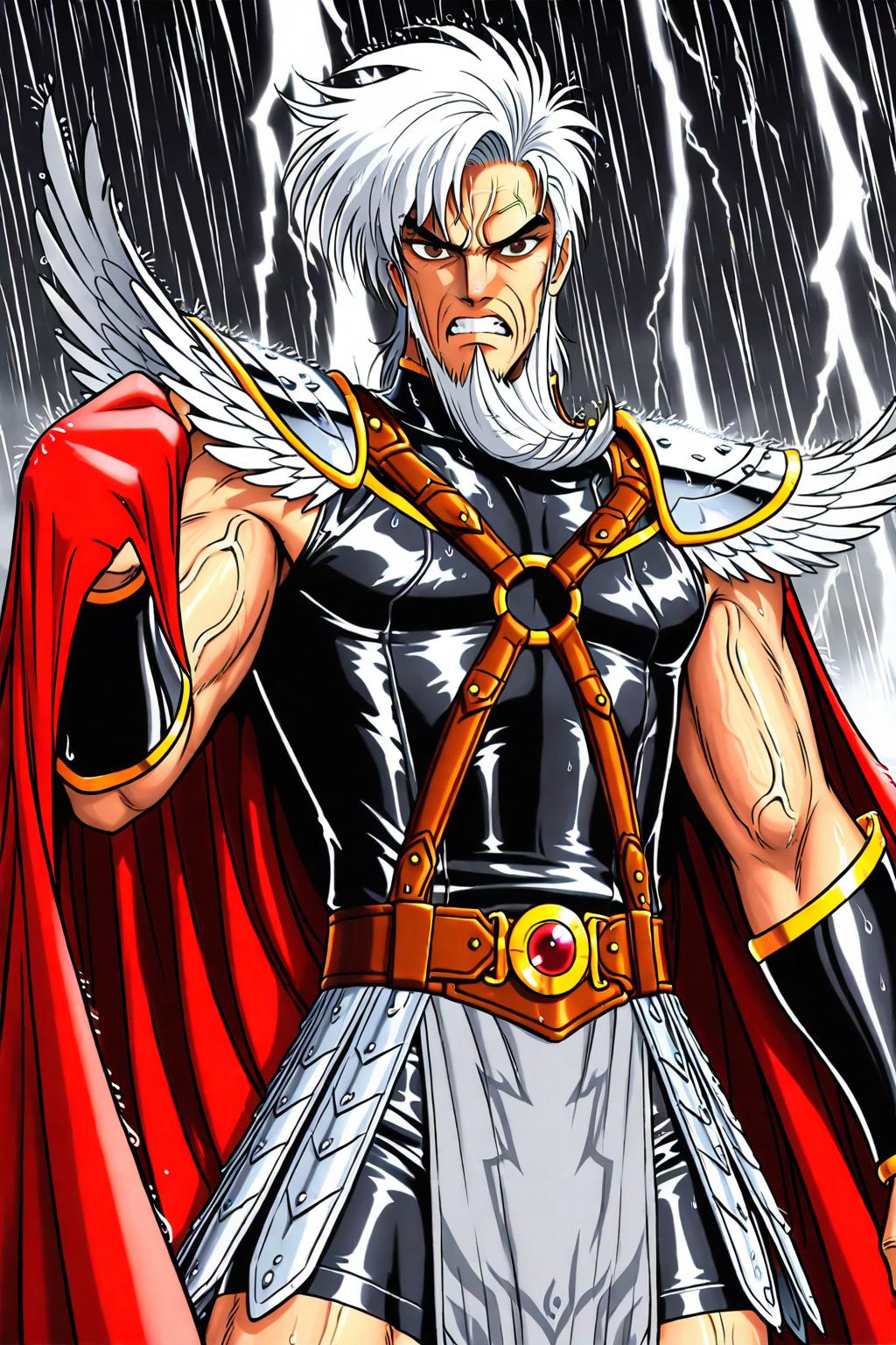 masterpiece, best quality, amazing quality, zodikki1, kurumada hair, kurumada eyes, ((wrinkly skin)), GENHERAC, 1boy, male focus, old, old man, solo, white hair, sideswept hair, sideswept beard, brown eyes, muscular, veiny arms, yellow trimmed red cape, feathered pauldrons, sleeveless black shirt, black shorts, brown body harness, brown belt, brown belt buckle, grey pelvic curtain, ((grey pteruges)), black vambraces, upper body, cape pull, rain, lightning, storm, mediterranean backdrop, clenched teeth, serious,  looking at viewer, solo