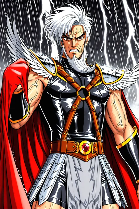 masterpiece, best quality, amazing quality, zodikki1, kurumada hair, kurumada eyes, ((wrinkly skin)), GENHERAC, 1boy, male focus, old, old man, solo, white hair, sideswept hair, sideswept beard, brown eyes, muscular, veiny arms, yellow trimmed red cape, feathered pauldrons, sleeveless black shirt, black shorts, brown body harness, brown belt, brown belt buckle, grey pelvic curtain, ((grey pteruges)), black vambraces, upper body, cape pull, rain, lightning, storm, mediterranean backdrop, clenched teeth, serious,  looking at viewer, solo