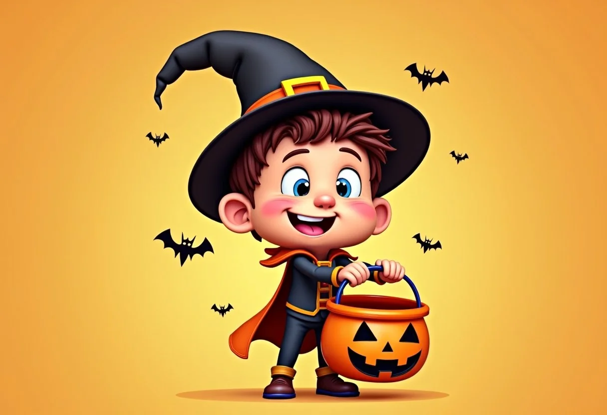 Cartoon image of a little boy for Halloween dressed up holding out his bucket, saying "buzz or buzz"