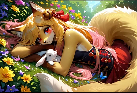 1girl, tail raised, furry female, fox tail, smile, long hair, hair bell, only furry, furry girl, animal ears, 1tail, fluffy tail, smile, red eyes, score_9, score_8_up, score_7_up, solo, (anthro), masterpiece, (fluttershy), detailed background, upright, seated, framed in flowers, circuitry in background, yellow hair, looking at viewer, many flowers in hair, holding rabbit, white rabbit, yellow body, (lying in flowers), butterfly, small breasts, joyful, light smile,