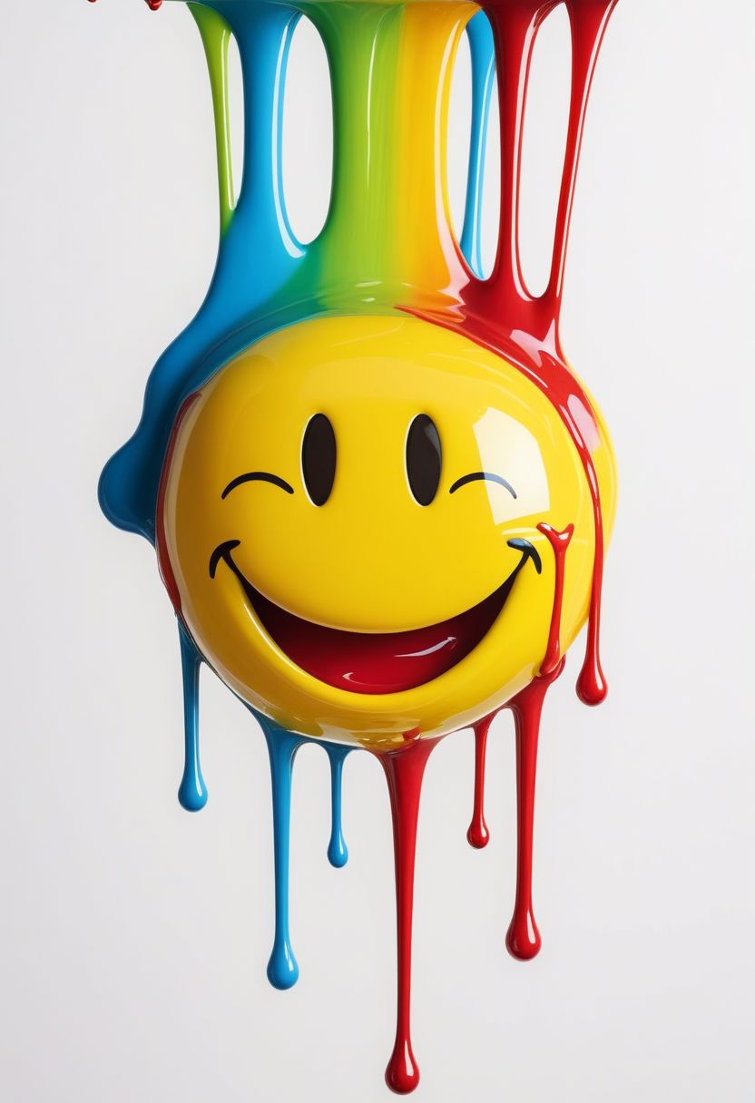 Generate an image of a vibrant, smiling face resembling a smiley emoticon, crafted from a glossy, melting substance. The face exudes a predominantly yellow hue, with vivid splashes of rainbow colors - red, blue, and green - cascading down like dripping paint. These colorful drips converge to form a dynamic base, while the smiley face appears to be in the process of melting into the vibrant cascade. The plain white background serves as a stark contrast, accentuating the bold and cheerful colors of the smiley face and the cascading drips, creating a visually striking and captivating composition.