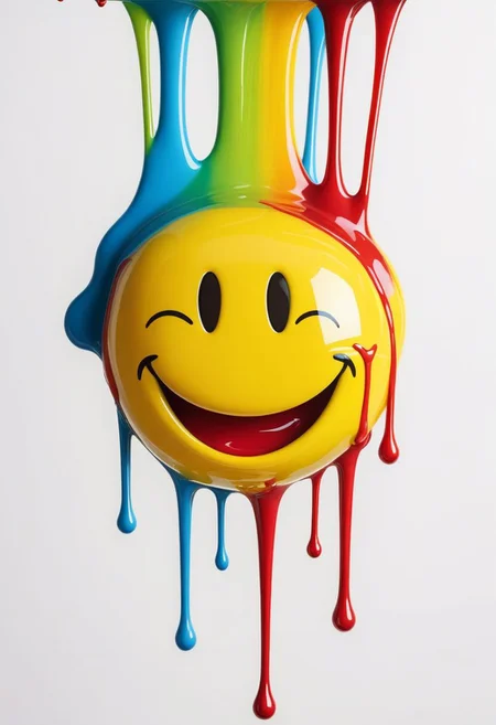 Generate an image of a vibrant, smiling face resembling a smiley emoticon, crafted from a glossy, melting substance. The face exudes a predominantly yellow hue, with vivid splashes of rainbow colors - red, blue, and green - cascading down like dripping paint. These colorful drips converge to form a dynamic base, while the smiley face appears to be in the process of melting into the vibrant cascade. The plain white background serves as a stark contrast, accentuating the bold and cheerful colors of the smiley face and the cascading drips, creating a visually striking and captivating composition.