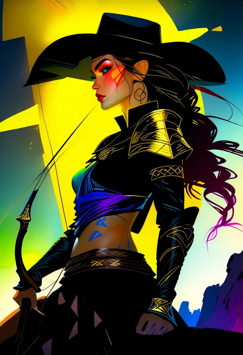 score_9, score_8_up, score_8_up, ((Cinematic composition)),((masterpiece)), (resplendent highlighting), 8k. Photorealistic
1girl, (full body). A beautiful hulking half-orc cowgirl (ribbons of glowing light swirl around her) stands by her horse. (Cowboy hat) cowboy boots, recurve bow on her back and hip quiver. (camera angle from below). ((full body)). (resplendent spotlight on her face). Ominous chaotic atmosphere.
Double exposure.
Ink, Charcoal and colourful oil pastels. impressionistic. faded watercolours (Klimt :1.2) dadaistic collage (by Bill Sienkiewicz:1.5), strikingly alluring face. brilliant spotlight effect. Vibrant thick dripping paint. Intense detail, realistic, dynamic shadows and contrasts. Matte and faded background colours.
surreal, intense colors, liquid, unreal parts, alluring, fluid, perfection, gothic. (Luminous skin dynamically spotlighted), Illustration, (klimt:0.8) (Bill Sienkiewicz:1.5). maximum detail, Chinese watercolor and ink technique. Gold leaf highlights.
<lora:xl_more_art-full_v1:0.4> <lora:epi_noiseoffset2:1>3