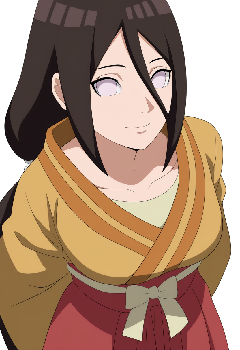 masterpiece, best quality, very aesthetic, absurdres,
1girl, hanabihyuga, black hair, long hair, ponytail, hair between eyes, no pupils, white eyes, 
collarbone, hakama skirt, japanese clothes, kimono, long wide sleeves, sash,
hands behind back, smile, upper body, looking at viewer, solo, simple background, white background, <lora:HanabiBorutoNoobXL_byKonan:1>