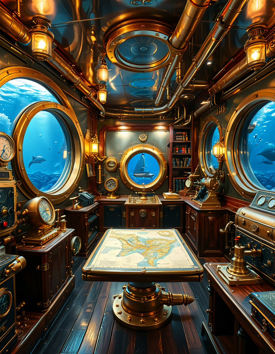A stunning and intricate view of the interior of the Nautilus submarine, inspired by Jules Verneâs steampunk aesthetic. The room is a mix of Victorian elegance and advanced 19th-century marine engineering. The walls are lined with riveted brass and copper pipes, with intricate pressure gauges and mechanical levers. A massive, round glass porthole offers a breathtaking underwater view of deep-sea creatures swimming in the dark abyss. The warm glow of antique oil lamps and gaslights illuminates the space, casting soft golden reflections on the polished mahogany furniture and ornate brass railings. A large wooden desk is covered with old nautical charts, compasses, and a logbook filled with Captain Nemoâs notes. In the background, a library with leather-bound books and scientific instruments is neatly arranged on wooden shelves, emphasizing the scholarly and adventurous nature of the vessel. The ambiance is a perfect fusion of mystery, science fiction, and vintage maritime beauty, evoking a sense of wonder and deep-sea exploration.<lora:SDXLFaeTastic2400:0.4> <lora:extremely_detailed:0.4> extremely detailed, <lora:Nautilus_subm4r1n3:1>,Nautilus subm4r1n3, Masterpiece,best quality,hi res,8k,hi res,8k,award winning,(sharp focus, intricate, highly detailed),