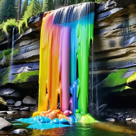 real photo of a ukj style waterfall, canadian wilderness, powerful forceful waterfall of rainbow goo, hilarious scene, shattering glass, 8k, best quality <lora:rainow_sdxl_ukjstyle_v111602-000003:1>