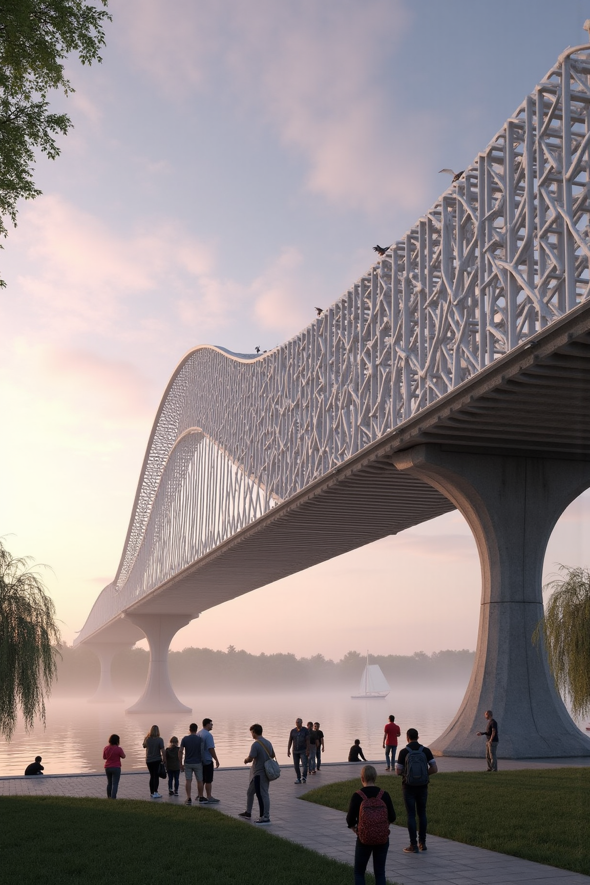 YFG-Sm0rg, A minimalist skeletal structure of a Calatrava-style pedestrian bridge stands over a tranquil lake at dawn, with soft mist rising from the water's surface. The steel beams, resembling a majestic bird in flight, stretch across the lake, their intricate latticework design gleaming with a subtle sheen.
The structure's support pillars, shaped like abstracted columns, emerge organically from the ground, as if grown from the earth itself. Their weathered surfaces evoke a sense of age and history, while still radiating a futuristic essence. The surrounding landscape is dotted with lush greenery, including willow trees with delicate branches swaying in the gentle morning breeze.
In the foreground, a group of people are gathered at the base of the bridge, their faces tilted upwards towards the structure as they take in its grandeur. Some are photographing the scene, while others pause to appreciate the serenity of the moment. A few birds have made the bridge's latticework a home, adding an air of whimsy and life to the otherwise stately architecture.
The sky above is painted with hues of pink and orange, as if set aflame by the rising sun. The clouds are layered, with wispy tendrils stretching across the horizon like brushstrokes on a canvas. In the distance, a few sailboats dot the lake's surface, their white sails billowing in the morning wind.
The image should be rendered in high detail, showcasing the intricate textures and patterns inherent to Calatrava's design language. The scene should exude a sense of serenity and contemplation, inviting the viewer to pause and appreciate the beauty of this modern, yet timeless, architectural masterpiece.