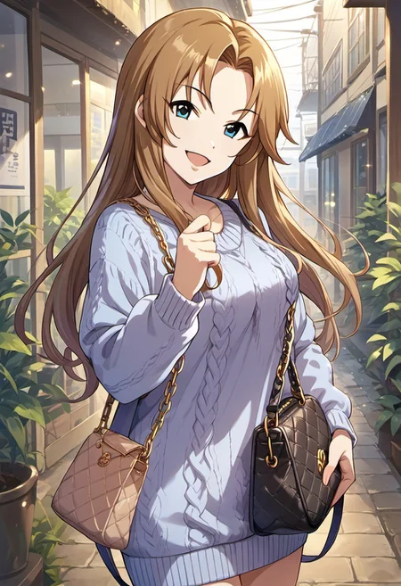 score_9, score_8_up, score_7_up, source_anime, matsumoto sarina, long hair, brown hair, blue eyes, 1girl, solo, sweater, bag, chain, handbag, looking at viewer, smile, open mouth