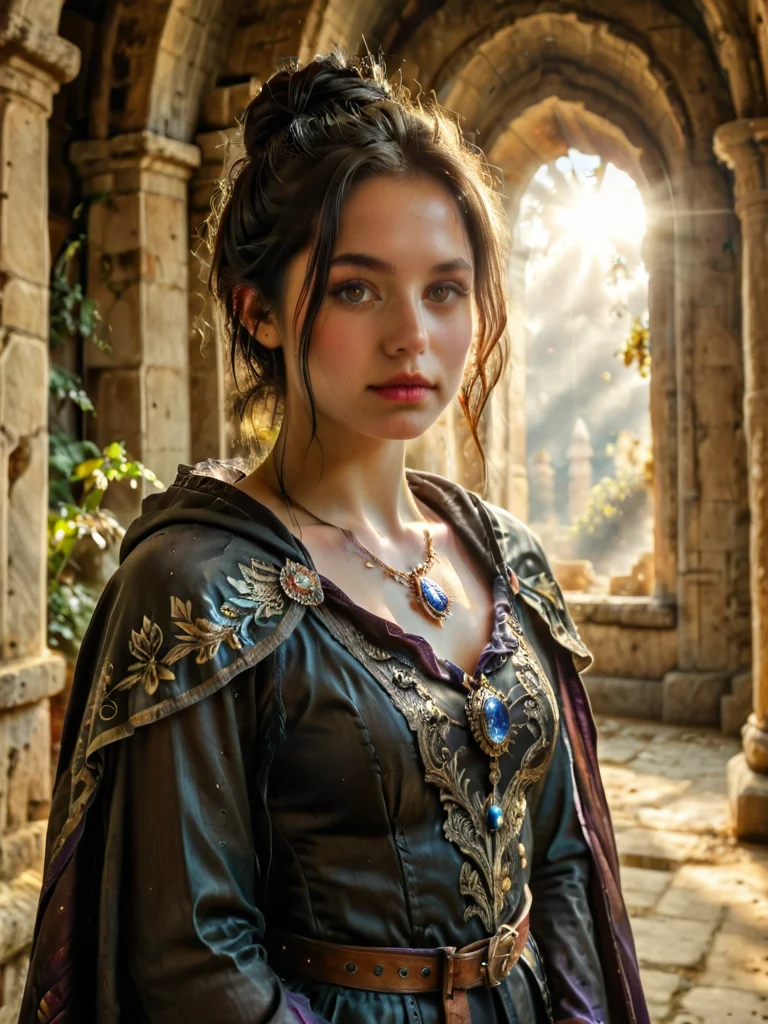 score_9, score_8_up, score_7_up, source_photo, (realistic:1.4) artistic interplay, (sharp luminous streaks:1.1), 1girl, cloak of raven feathers, blushed face, full body shot, detailed eyes, beautiful eyes, ((looking to viewer)), winged boots, detailed background, female bard, fantasy, medieval, nature, sleek and dark, high twisted bun hairstyle, glossy black hair color, onyx pendant, accompanied by a raven familiar, atop a misty mountain peak, commanding pose, piercing silver eye color, enigmatic face expression, ancient ruins and swirling mists in background, (best quality:1.1), (masterpiece:1.4), (absurdres:1.0), ultra high res, 8K, (cinematic light:1.1), (intricate details, hyperdetailed:1.15), (volumetric lighting:1.2), bright colors, (HDR:1), (detailed iris:1.1), god rays, <lora:GodRays:1>, MyNewFantasy, <lora:FantasyWorldMy:0.5>, <lora:Pony_DetailV2.0:2>