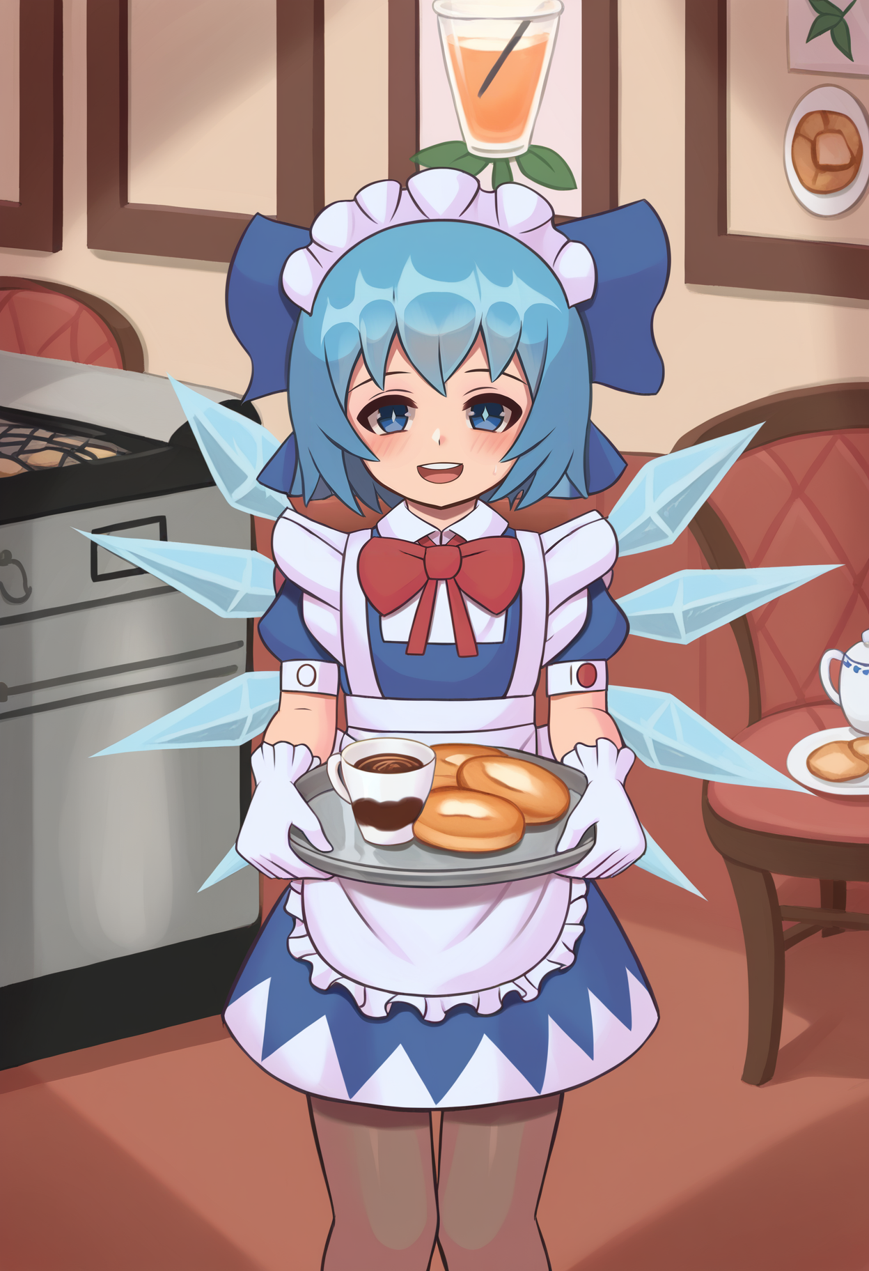 score_9, best quality, masterpiece, uncensored, source_anime
BREAK
1girl, solo, looking at viewer, smile, short hair, open mouth, bangs, blue eyes, gloves, dress, bow, holding, blue hair, short sleeves, hair bow, pantyhose, frills, food, wings, alternate costume, puffy sleeves, indoors, white gloves, bowtie, apron, red bow, cup, puffy short sleeves, maid, maid headdress, blue dress, blue bow, chair, table, red bowtie, white apron, plate, maid apron, tray, ice, enmaided, ice wings, holding tray, cookie, coffee, cirno
<lora:duhota_pony_v3:1>