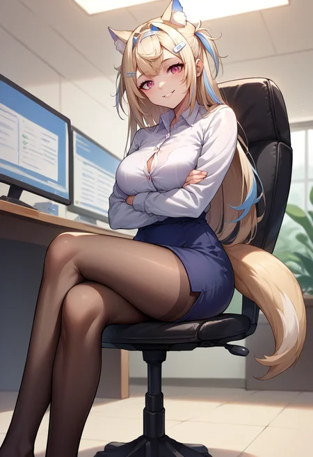 score_9, score_8_up, source_anime, 1girl, solo, FuwawaAbyssgard, long hair, two side up, streaked hair, hairband, hairclip, tail, indoors, office lady, office chair, sitting, crossed legs, miniskirt, black pantyhose, dress shirt, smile, <lora:ChamFuwawaAbyssgardPonyXL:0.9>