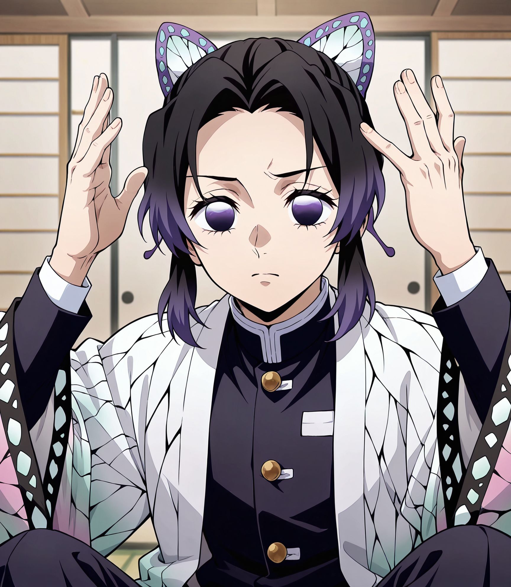 masterpiece, best quality, newest, absurdres, highres, detailed eyes, beautiful, detailed background, perfect eyes, anime coloring, anime screencap,
<lora:My_dad_got_the_MVP:1>My dad got the MVP,
Raising both hands with palms open near the head,
1boy,male focus,indoors, sitting, serious, 
solo,raising both hands ,
kochou shinobu, kimetsu no yaiba, official art,